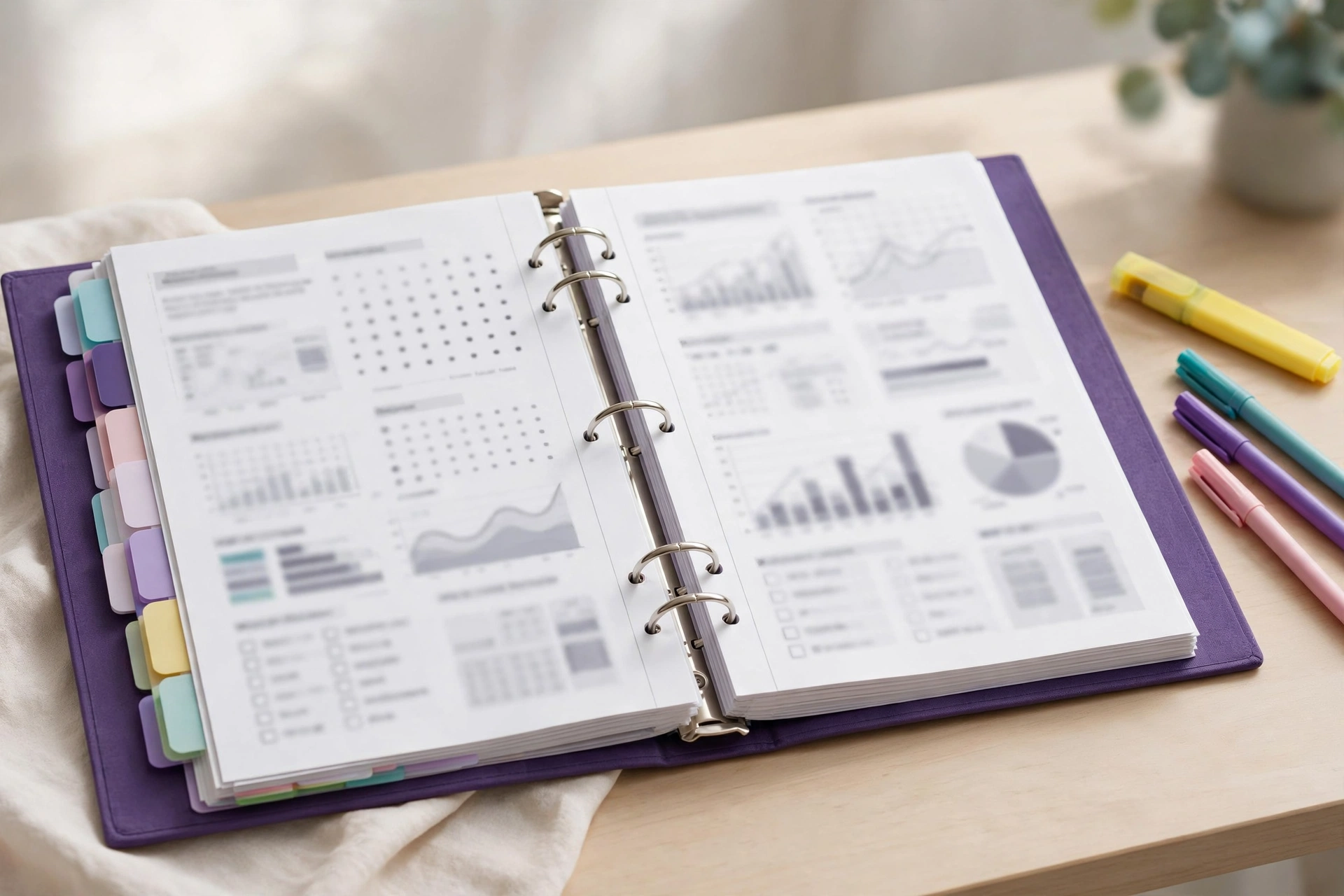Assembled symptom tracking binder with tab dividers, pens and highlighter
