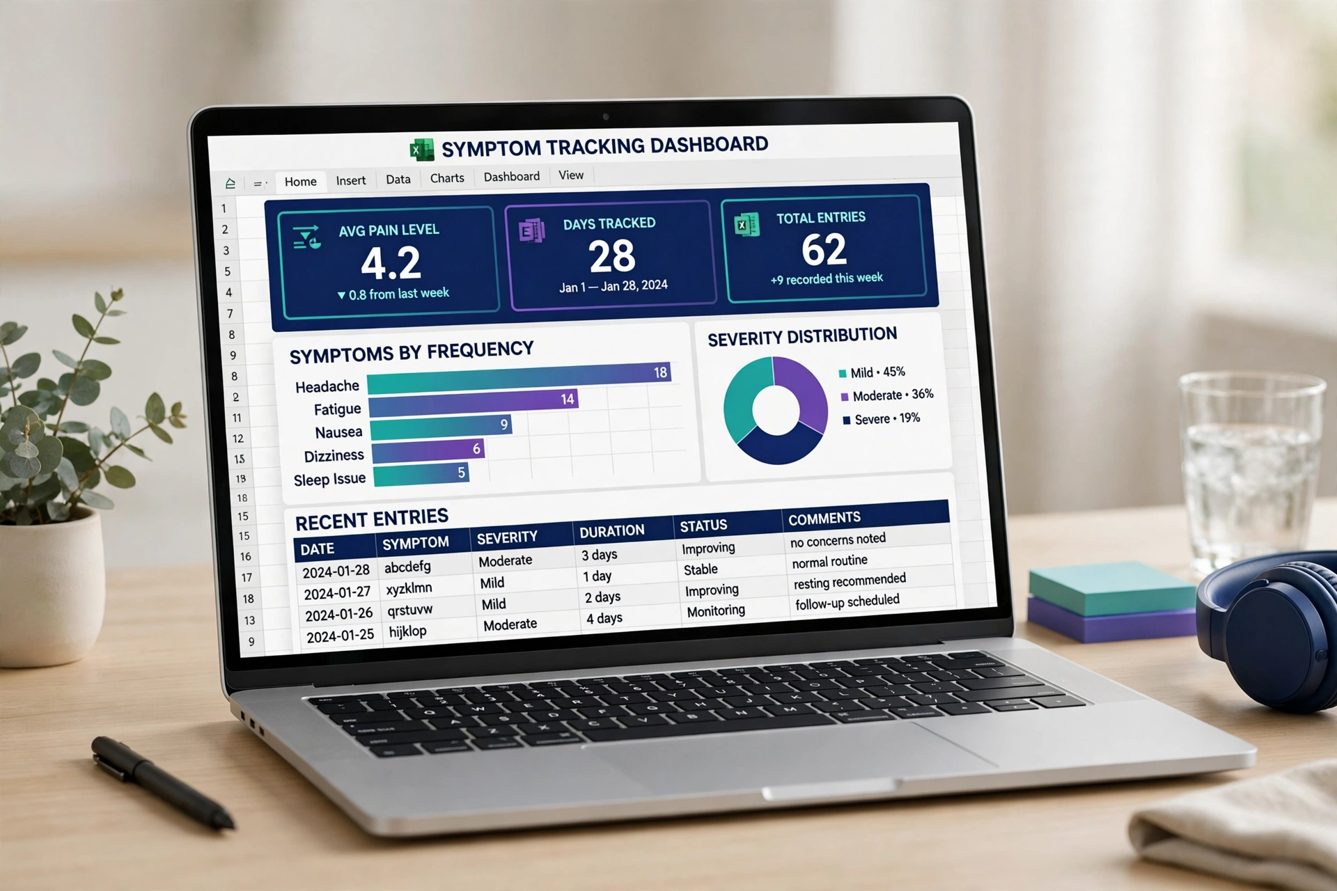 Symptom tracking dashboard in Excel on a laptop